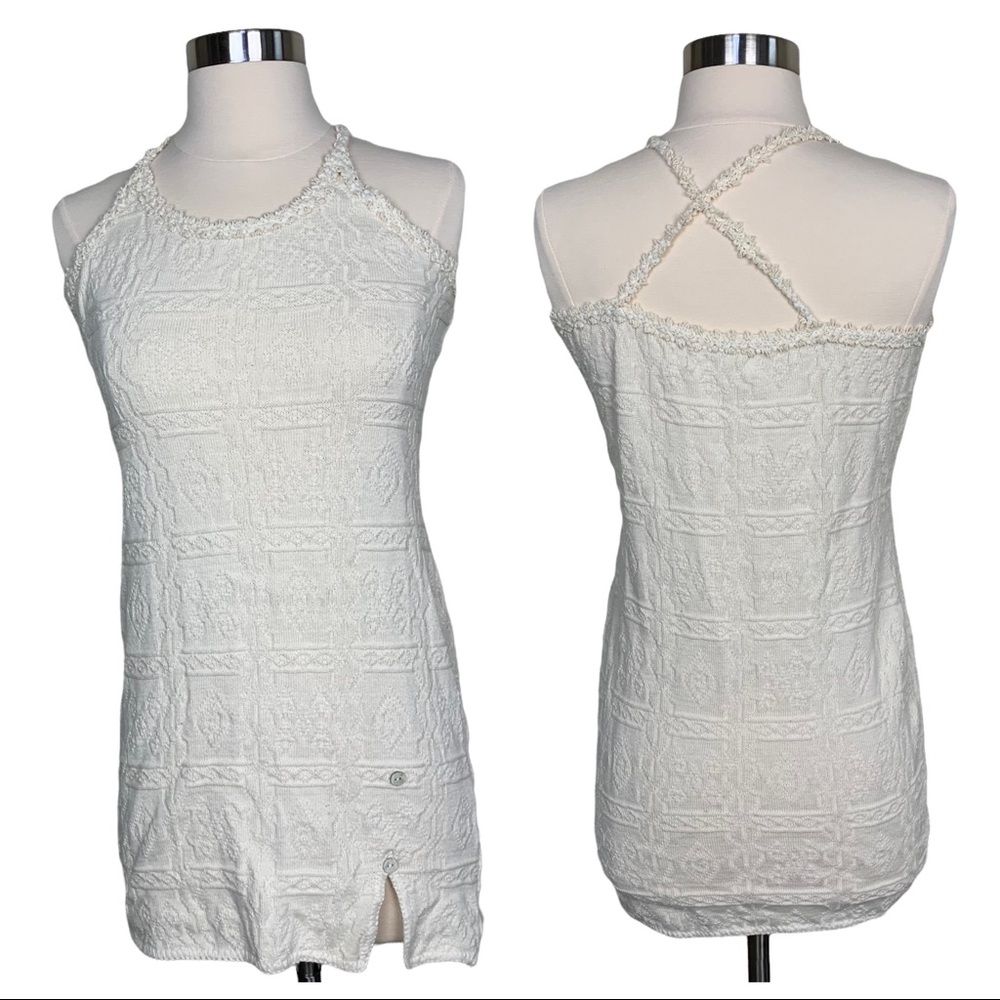 Nazca Cotton Southwestern Textured Printed Cream Strappy Racerback Tunic TankTop